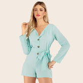 Solid Color Simple Single Breasted V-neck Waist-Controlled Slimming Long Sleeve Romper