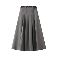 Gray Mid Length Skirt High Waist Slimming Casual Pleated Skirt with Belt