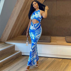 Cutout out Tight Dress round Neck Backless Sheath One Step Long Dress Digital Printing Vacation
