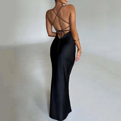 Strap Satin Dress Backless Lace up Waist Controlled Maxi Dress