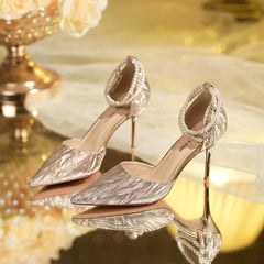 Women's Pearl Shiny Strap Hollow Stiletto
