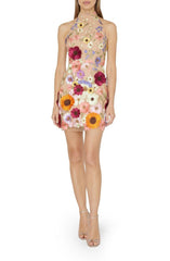 Embroidered Three Dimensional Floral Halter Slim Dress Small Dress