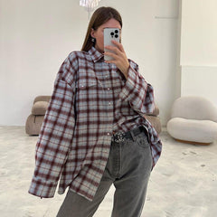 Street Retro Collared Long Sleeve Plaid Shirt Loose Plaid Cardigan Shirt