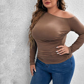 T-shirt à manches longues en tricot à col diagonal et épaules dénudées, coupe slim, grande taille