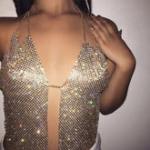 Haut à bretelles dos nu avec décolleté plongeant en V et strass scintillants, bretelles ultra courtes
