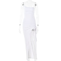 Single Shoulder Cami Dress Tight Ruched High Split Maxi Dress