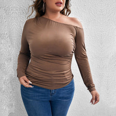 plus Size Slim Fit Slim off the Shoulder Diagonal Collar Knitted Long Sleeved T shirt Top