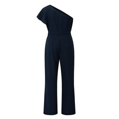 Einfarbiger, trägerloser Jumpsuit mit diagonalem Kragen und hoher Taille