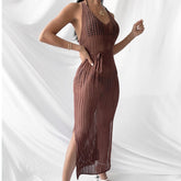 Robe de plage décontractée en tricot de couleur unie, ajourée et découpée, camisole tricotée, chemisier, robe extérieure