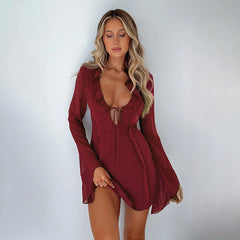 Hip Slim Fit Ruffled Long Sleeve Tied Dress