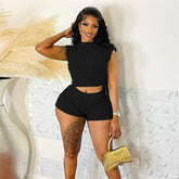 Solid Color Slim Fit Sleeveless Top round Neck Elastic Slim Fit Casual Shorts Set