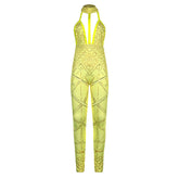 Kariert bedruckter tiefer V-Ausschnitt Neckholder ärmellos rückenfrei Skinny Slimming Feet Einteiler Hose