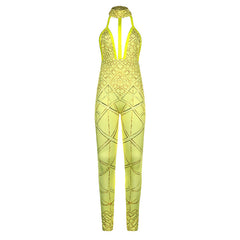 Plaid Printed Deep V Plunge Halter Sleeveless Backless Skinny Slimming Feet One Piece Trousers