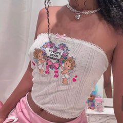 Printed Short Tube Top Outer Wear off Shoulder Cropped Top