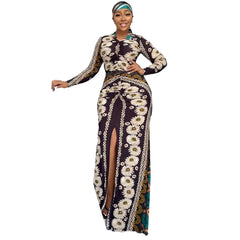 Schlankes, elastisches Kleid mit Blumendruck, Schlitzkragen, Positionierungsdruck und Kopftuch