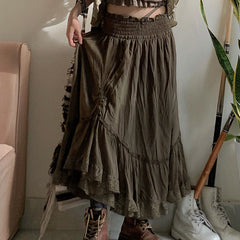 Street Retro Skirt High Waist Asymmetric Lace Stitching Casual Pleated Skirt
