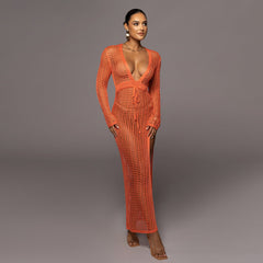 Cutout Wool Deep V Plunge Neck High Slit Knitted Dress