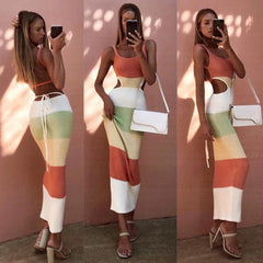 Suspender Striped Color Matching Backless Lace up Knitted Woolen Dress