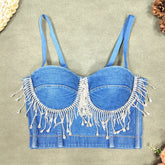 Corset en jean slim avec coutures en strass et pompons, avec armatures perlées, pour boîte de nuit, style rock, poitrine enveloppée