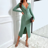 Büro Schlitz Slim Fit V-Ausschnitt Langarm Kleid Mittellange Hüfte