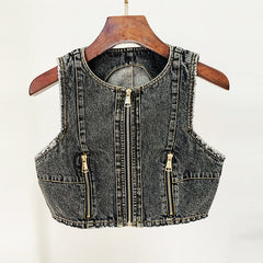 Stars Zipper Denim Vest Top Denim Shorts Suit Two-Piece Set