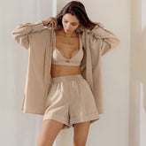 Popeline Pyjamas Dreiteiliges Set Langarm Nachthemd Bequeme Home Unterwäsche Ausschnitt Lose