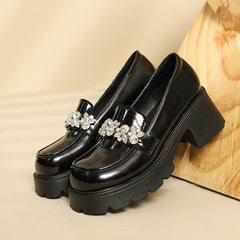 Women's British Style Black Authentic Square Toe Loafers