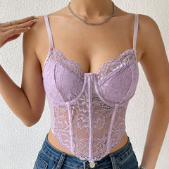 Lace Steel Ring Diamond Boning Corset Cropped See through Decoration Vest