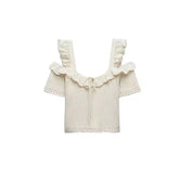 Straight Collar Exposed Shoulder Strap Knitted Sling Short Stitching Outerwear Top