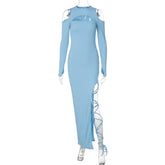 Robe fendue à leggings, couleur unie, manches longues, ajourée, découpe