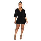 Wear Solid Color Tied V Neck Half Sleeves Shorts Jumpsuit