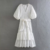 French White Moonlight Hollow Out Cutout with Belt Embroidered Dress