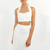 Khakifarbenes ärmelloses Weste-Camisole aus Baumwolle und Leinen mit schmaler Passform, Maxirock-Set