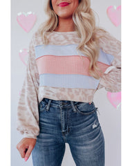 Pull à manches longues et col rond à imprimé léopard et haut de couleur contrastée