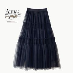 Robe rétro à volants, jupe en gaze amincissante avec oreilles en bois, jupe en gaze à ourlet large