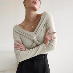 Fall Minimalist Skinny V neck Warm T shirt