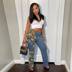 Autocollants de personnalité tendance en denim de couleur contrastée, sacs, pantalons à jambe droite