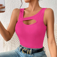 Slim Fit Knitted Solid Color Hollow Out Cutout Vest T shirt Top