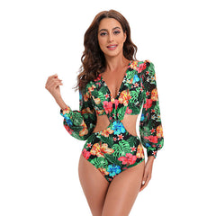 Swimsuit Backless Long Sleeve One Piece Swimsuit High Waist Tied V neck Bikini