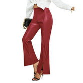 Pantalon taille haute slim à pattes d'éléphant et fentes, pantalon en cuir décontracté