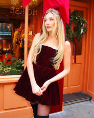 Robe de soirée de Noël courte à épaules dénudées, robe Pleuche