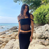Trends Sling Off Shoulder Slim Fit Voile Cropped T-Shirt Rock Anzug