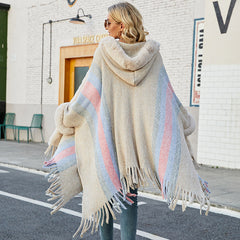 Hooded Cape Striped Knitted Tassel Shawl