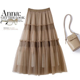 Kleid Retro Stufenkleid Schlankmachender Gazerock mit Holzohr Breiter Saum Gauzy Rock