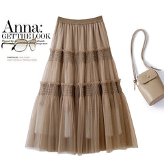 Robe rétro à volants, jupe en gaze amincissante avec oreilles en bois, jupe en gaze à ourlet large