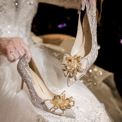 Women's Bridal Wedding Stiletto Pointed French Cinderella Crystal