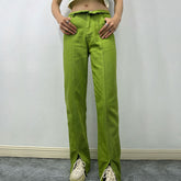 Retro High Street Grün Split Jeans Helle Farbe Hohe Taille Straße Abnehmen Hose Flut