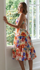 Sundress Printed Strap Backless Lace-up Large Swing Dress