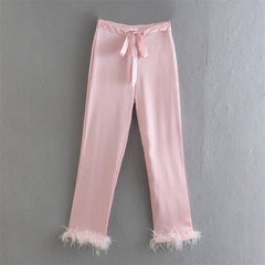 Lace up Feather Decoration Casual Straight Pants Trousers & TOP F00122614
