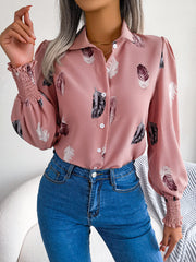 Elegant Feather Lantern Sleeve Collared Shirt